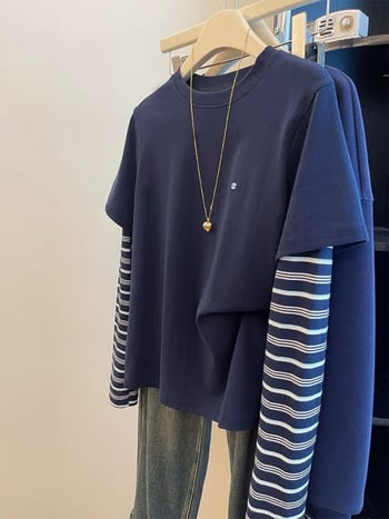 Ženska majica s dugim rukavima, prugasta, casual plus size, lažni dvodijelni komplet.