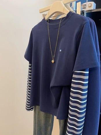 Ženska majica s dugim rukavima, prugasta, casual plus size, lažni dvodijelni komplet.
