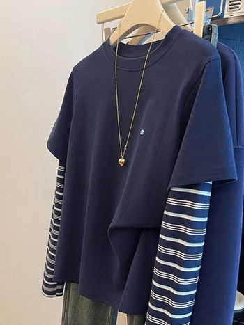 Ženska majica s dugim rukavima, prugasta, casual plus size, lažni dvodijelni komplet.