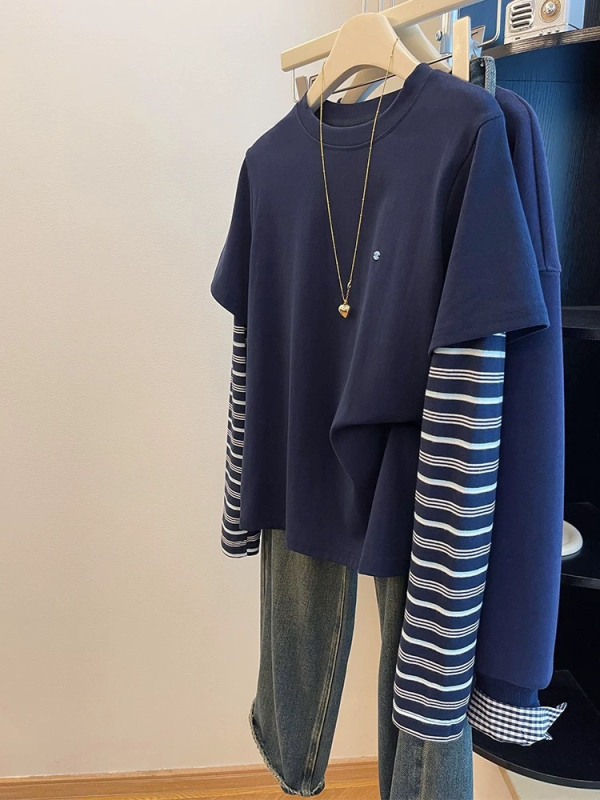 Ženska majica s dugim rukavima, prugasta, casual plus size, lažni dvodijelni komplet.