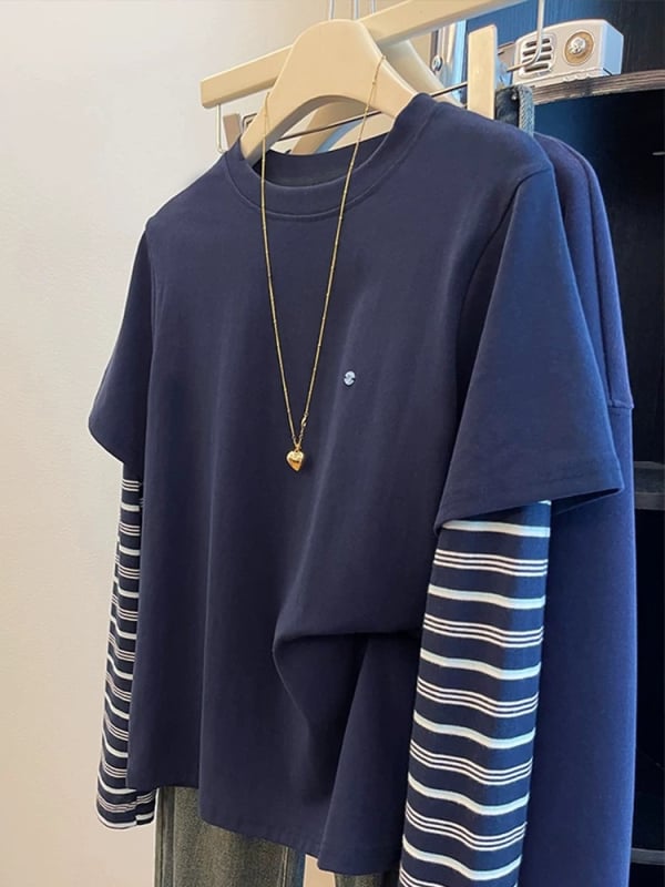 Ženska majica s dugim rukavima, prugasta, casual plus size, lažni dvodijelni komplet.