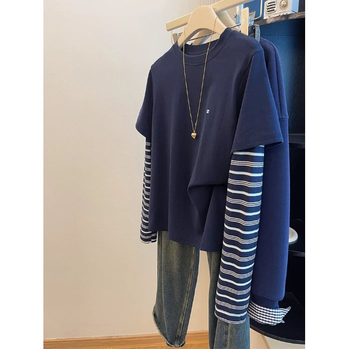 Ženska majica s dugim rukavima, prugasta, casual plus size, lažni dvodijelni komplet.
