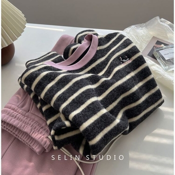 Tricou de bază din bumbac, cu mânecă lungă, interior periat – model dungat cu bloc de culoare, stil japonez-coreean