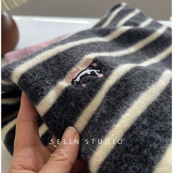 Tricou de bază din bumbac, cu mânecă lungă, interior periat – model dungat cu bloc de culoare, stil japonez-coreean