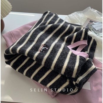 Tricou de bază din bumbac, cu mânecă lungă, interior periat – model dungat cu bloc de culoare, stil japonez-coreean