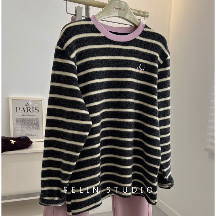 Tricou de bază din bumbac, cu mânecă lungă, interior periat – model dungat cu bloc de culoare, stil japonez-coreean