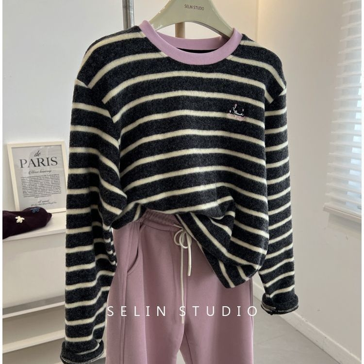 Tricou de bază din bumbac, cu mânecă lungă, interior periat – model dungat cu bloc de culoare, stil japonez-coreean