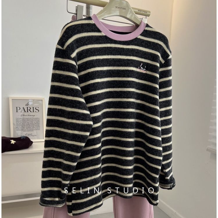 Tricou de bază din bumbac, cu mânecă lungă, interior periat – model dungat cu bloc de culoare, stil japonez-coreean