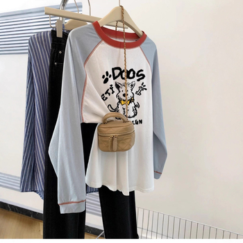 Tricou din bumbac cu mâneci raglan, imprimeu anime, guler rotund, croială lejeră