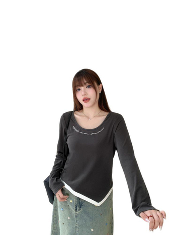 Ženski plus-size T-shirt 150 kg, nepravilnog patchwork uzorka, dugi rukavi, za proljeće i jesen, slobodan kroj koji skriva trbuh, lažni dvodijelni dizajn