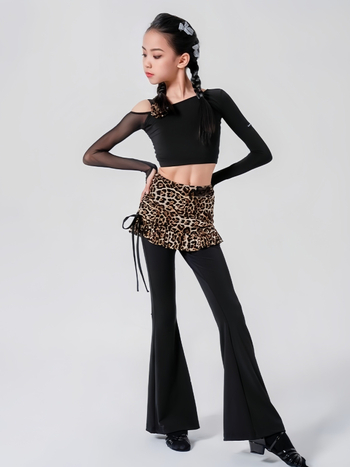 Meiteņu Latīņu deju komplekts: rudens 2024, plecu atvērts tops, paneļu svārki, zvaniņveida bikses, neilons >95%, elegantā stilā