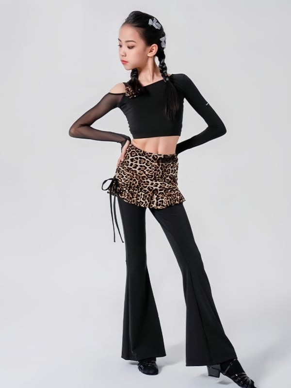 Meiteņu Latīņu deju komplekts: rudens 2024, plecu atvērts tops, paneļu svārki, zvaniņveida bikses, neilons >95%, elegantā stilā