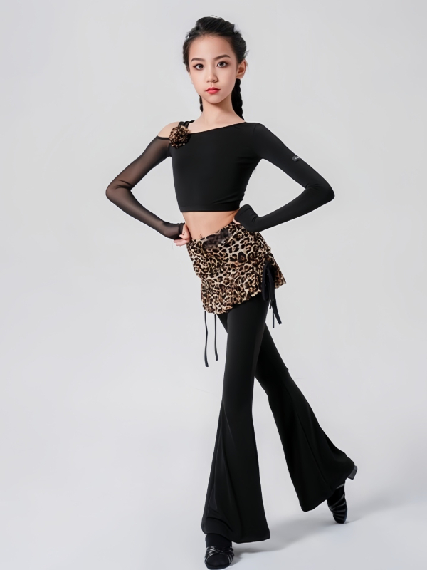 Meiteņu Latīņu deju komplekts: rudens 2024, plecu atvērts tops, paneļu svārki, zvaniņveida bikses, neilons >95%, elegantā stilā