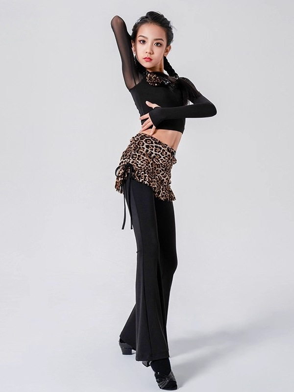 Meiteņu Latīņu deju komplekts: rudens 2024, plecu atvērts tops, paneļu svārki, zvaniņveida bikses, neilons >95%, elegantā stilā