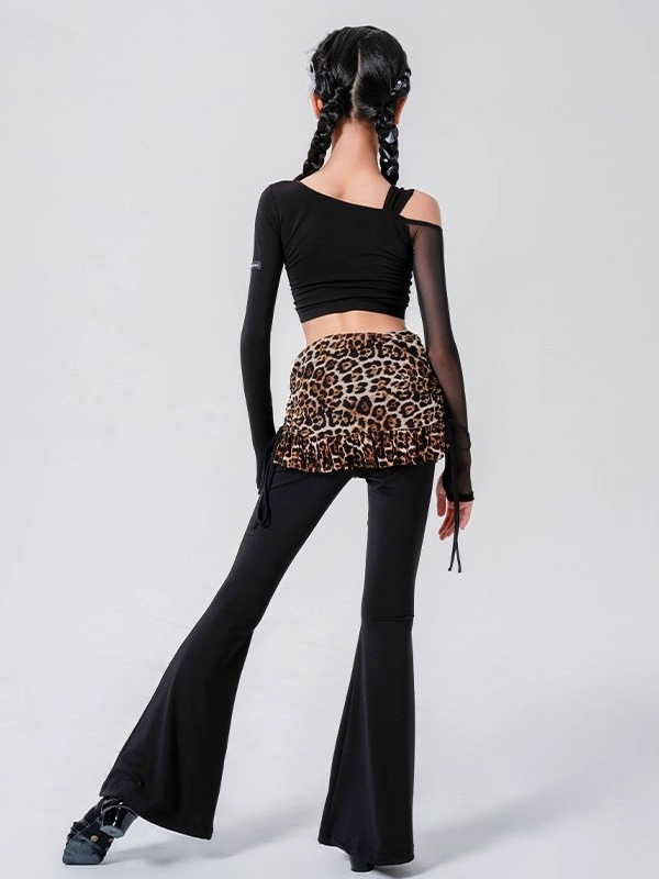 Meiteņu Latīņu deju komplekts: rudens 2024, plecu atvērts tops, paneļu svārki, zvaniņveida bikses, neilons >95%, elegantā stilā