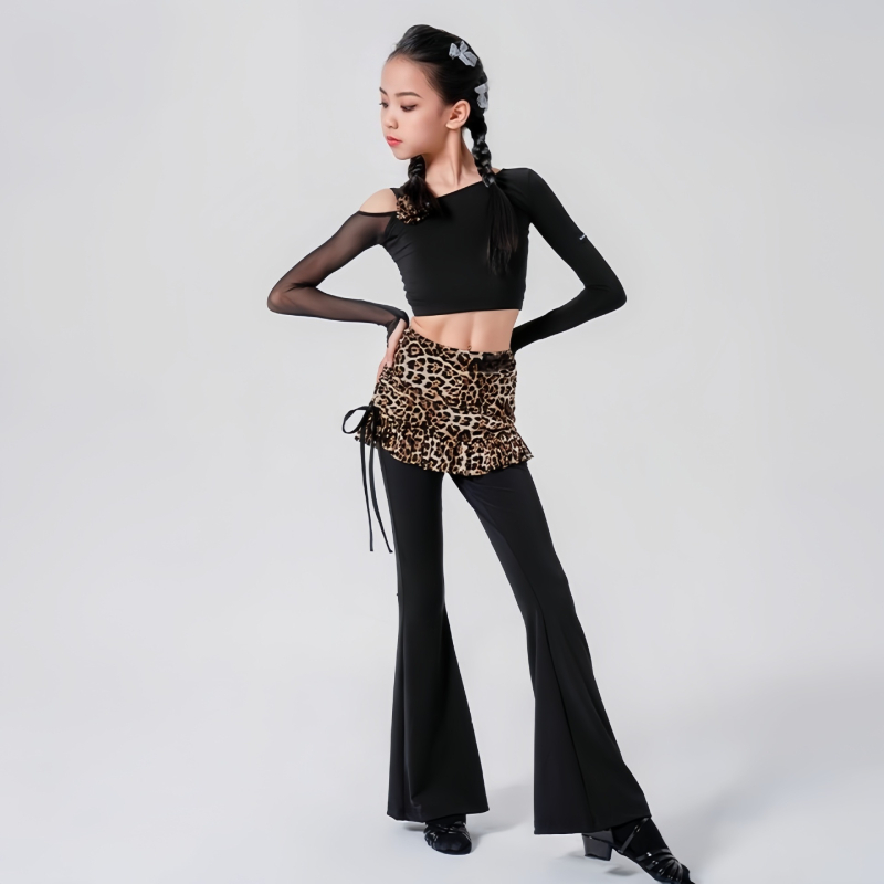 Meiteņu Latīņu deju komplekts: rudens 2024, plecu atvērts tops, paneļu svārki, zvaniņveida bikses, neilons >95%, elegantā stilā