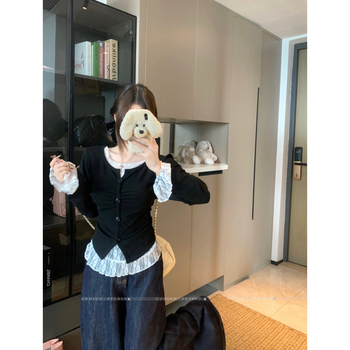 Tricou cu dantelă în stil coreean, mâneci lungi, guler rotund, croială lejeră — toamna 2025, fibră de viscose