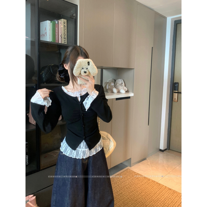 Tricou cu dantelă în stil coreean, mâneci lungi, guler rotund, croială lejeră — toamna 2025, fibră de viscose