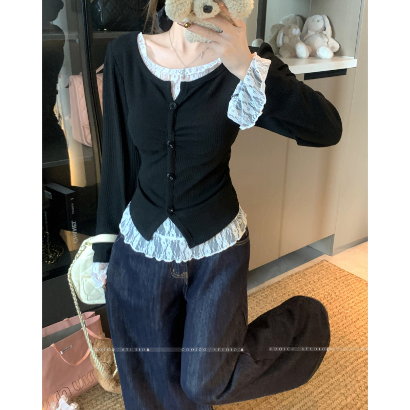 Tricou cu dantelă în stil coreean, mâneci lungi, guler rotund, croială lejeră — toamna 2025, fibră de viscose