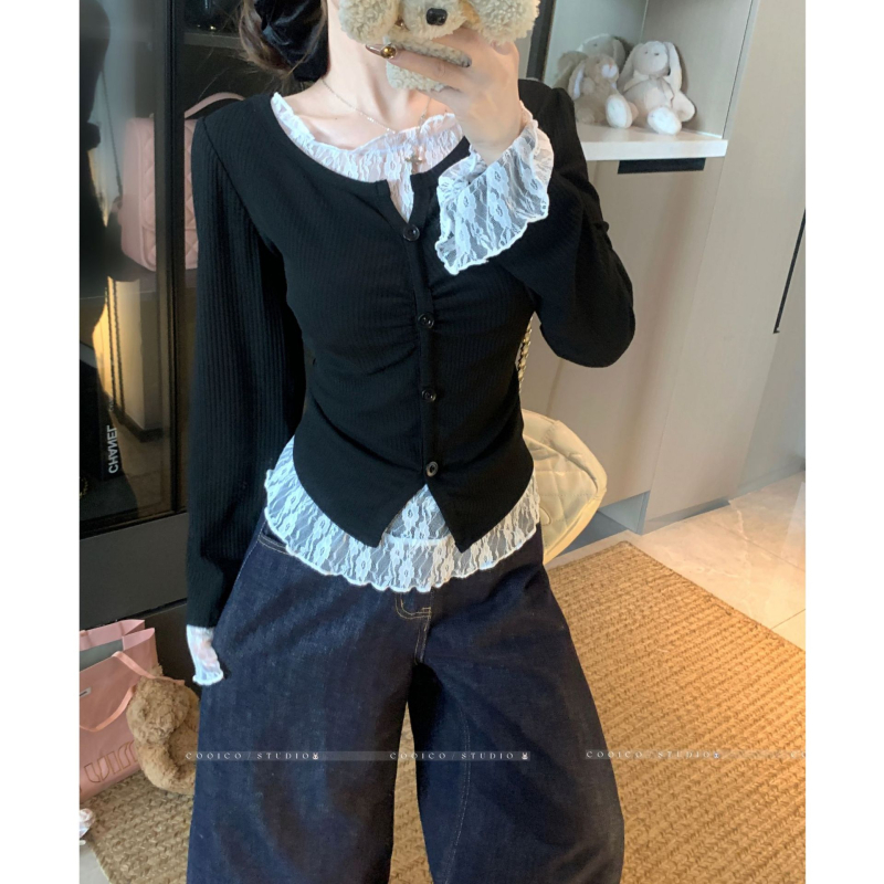 Tricou cu dantelă în stil coreean, mâneci lungi, guler rotund, croială lejeră — toamna 2025, fibră de viscose