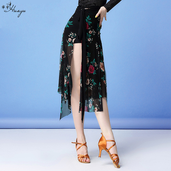 Latinska plesna suknja s tiskom mrežaste tkanine i spandeksom, ljeto 2025, za odrasle žene, Fashion Huayu