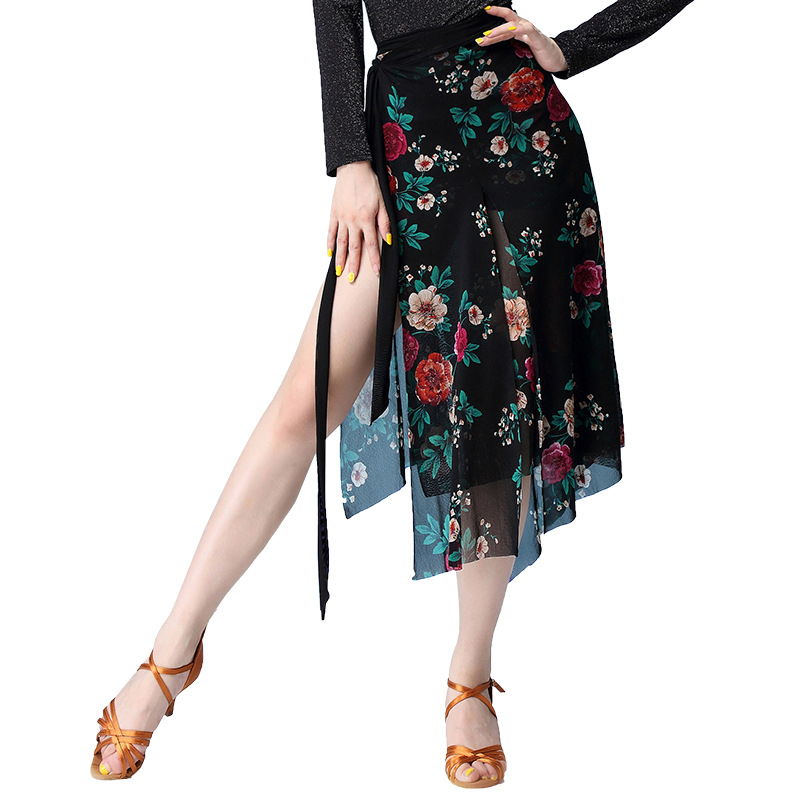 Latinska plesna suknja s tiskom mrežaste tkanine i spandeksom, ljeto 2025, za odrasle žene, Fashion Huayu