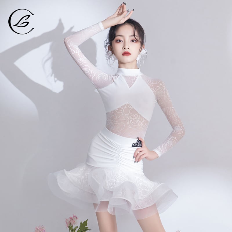 Костюм за латин танци за момичета с мрежести панели за репетиции и представления – пролет 2025, TR плат, PVC основен плат до 30% съдържание