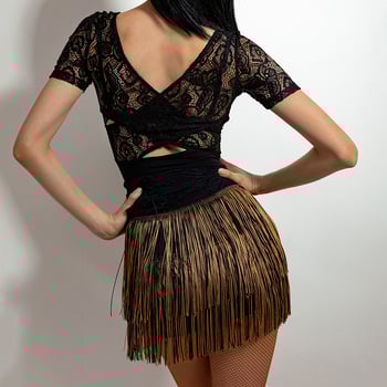 Tim Siyi Zun Латинска танцова рокля с презрамки до средата, къса пола и ресни на ханша — Milk Silk, 80% Spandex