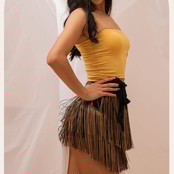 Tim Siyi Zun Латинска танцова рокля с презрамки до средата, къса пола и ресни на ханша — Milk Silk, 80% Spandex