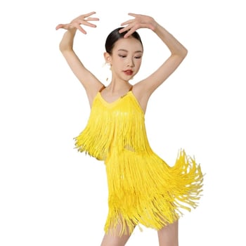 Детски латино танцов комплект рокля с презрамки и пискюли за изпълнение и тренировка — пролет 2025, PVC 90–95%; триацетатно влакно <30%