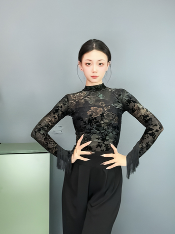 Латино танцов гащеризон с топ с ресни, мрежеста изработка, Есен 2024, полиестер до 30%