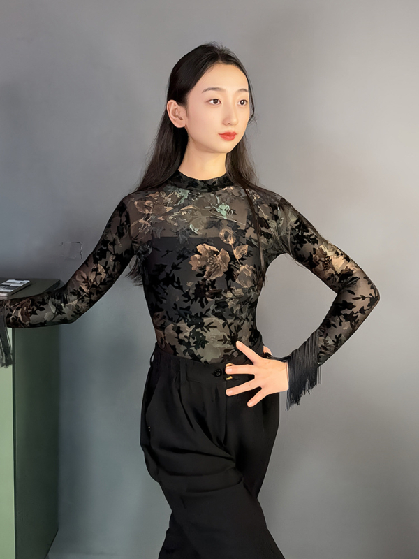 Латино танцов гащеризон с топ с ресни, мрежеста изработка, Есен 2024, полиестер до 30%