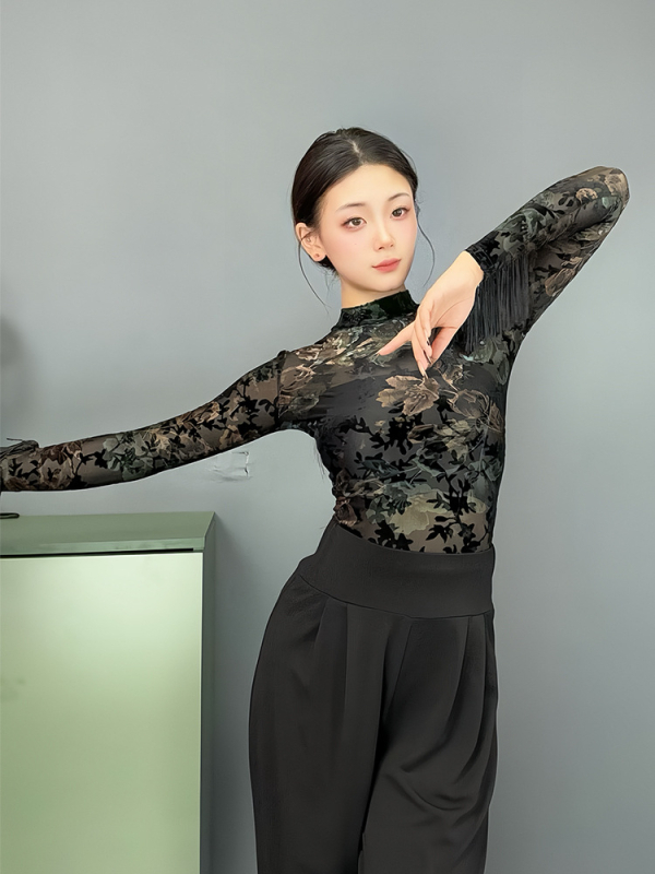 Латино танцов гащеризон с топ с ресни, мрежеста изработка, Есен 2024, полиестер до 30%