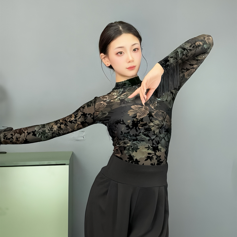 Латино танцов гащеризон с топ с ресни, мрежеста изработка, Есен 2024, полиестер до 30%