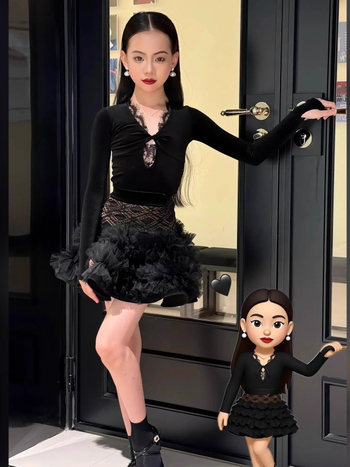 Детски латин танцов облекло комплект с дантелена блуза и пухкава велюрова пола, есен 2024, нейлон >95%