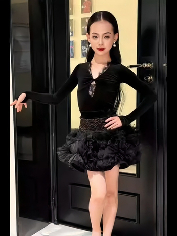 Детски латин танцов облекло комплект с дантелена блуза и пухкава велюрова пола, есен 2024, нейлон >95%