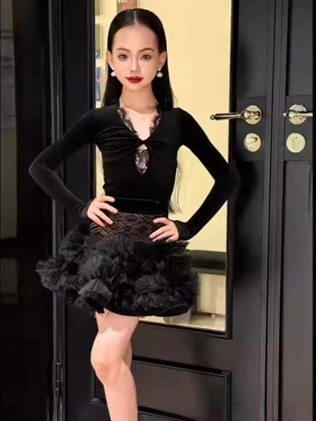 Детски латин танцов облекло комплект с дантелена блуза и пухкава велюрова пола, есен 2024, нейлон >95%