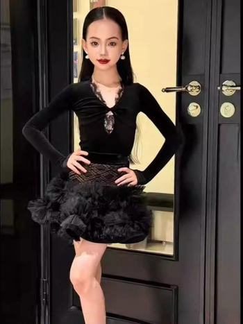 Детски латин танцов облекло комплект с дантелена блуза и пухкава велюрова пола, есен 2024, нейлон >95%