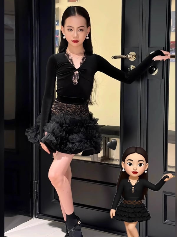 Детски латин танцов облекло комплект с дантелена блуза и пухкава велюрова пола, есен 2024, нейлон >95%