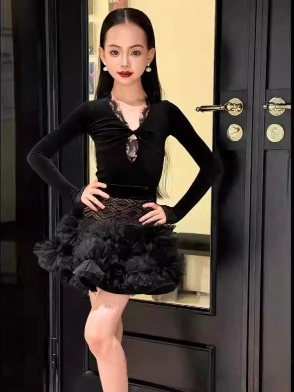 Детски латин танцов облекло комплект с дантелена блуза и пухкава велюрова пола, есен 2024, нейлон >95%