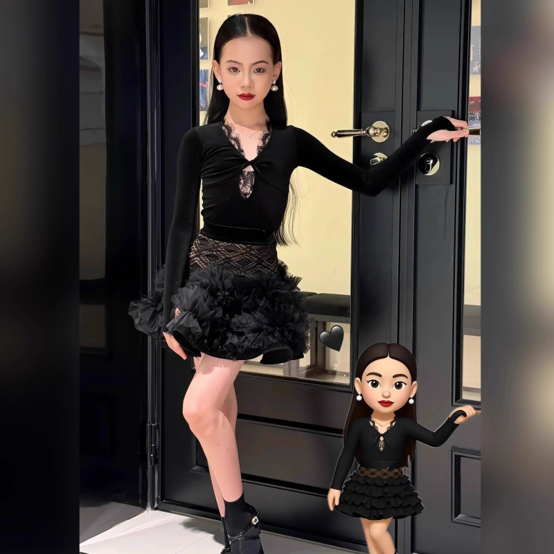 Детски латин танцов облекло комплект с дантелена блуза и пухкава велюрова пола, есен 2024, нейлон >95%