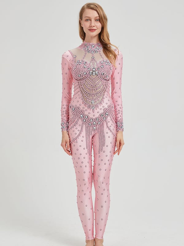 Roza jumpsuit s dijamantima, dugi rukav za noćni klub, uski kroj; Materijal: Spandex; glavna tvar 1: koža kozice ≤30%; glavna tvar 2: regenerirana celuloza 70–80%; hotfix kristali
