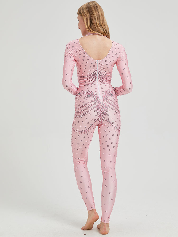 Roza jumpsuit s dijamantima, dugi rukav za noćni klub, uski kroj; Materijal: Spandex; glavna tvar 1: koža kozice ≤30%; glavna tvar 2: regenerirana celuloza 70–80%; hotfix kristali