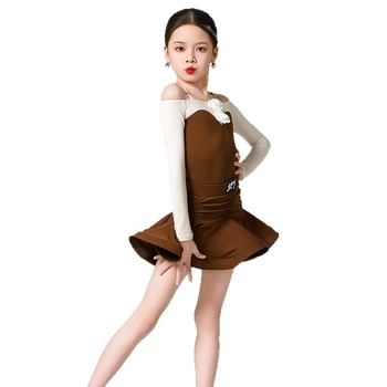 Set de costume Latin pentru fete, design cu panouri, aspect premium, fustă cu mișcare amplă (Sezoane: Primăvară/Vară/Toamnă; Vârstă: Copil; Material: Spandex 70%; Captură: Spandex 70%; Ocazie: Dans Latin)