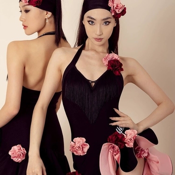 Costum modern de dans latino cu rochie halter și set de fustă – poliester, căptușeală din in, pentru femei adulte