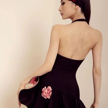 Costum modern de dans latino cu rochie halter și set de fustă – poliester, căptușeală din in, pentru femei adulte