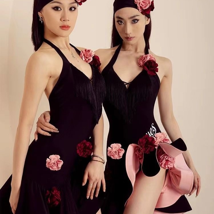 Costum modern de dans latino cu rochie halter și set de fustă – poliester, căptușeală din in, pentru femei adulte