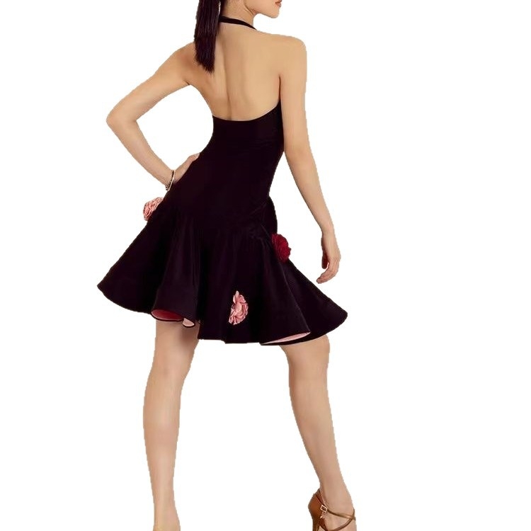 Costum modern de dans latino cu rochie halter și set de fustă – poliester, căptușeală din in, pentru femei adulte