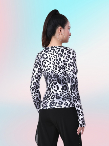 Ženski top s dugim rukavima, crno-bijeli leopard uzorak, uski kroj, za kvadratni i latinski ples