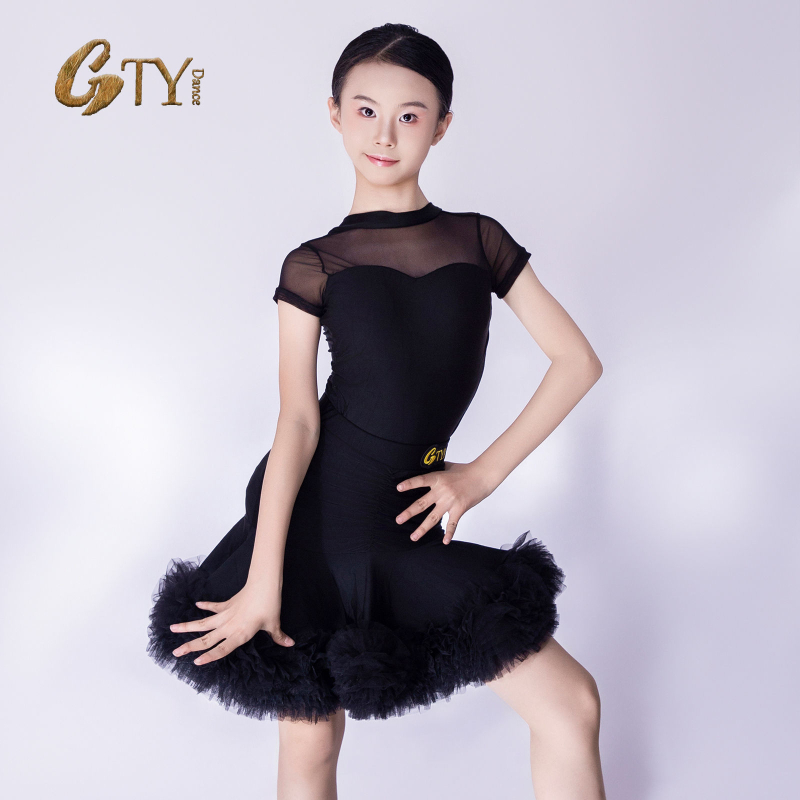 rochie de dans latino pentru fete – material nylon 80-90%, vară 2025, mâneci scurte, fustă cu volum mare, stil prințesă